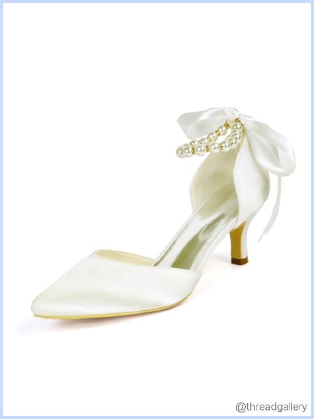 Satin Pearl Low Kitten Heels Wedding Pumps with Bow Ankle Strap
